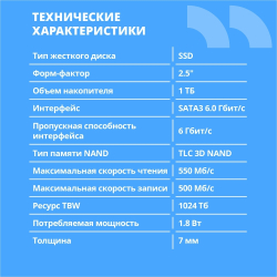 SSD диск CBR SSD-002TB-2.5-BS24b, Внутренний SSD-накопитель, серия "Base", 2048 GB, 2.5", SATA III 6 Gbit / s, 3D TLC NAND, R / W speed up to 550 / 500 MB / s, TBW (TB) 1024, OEM