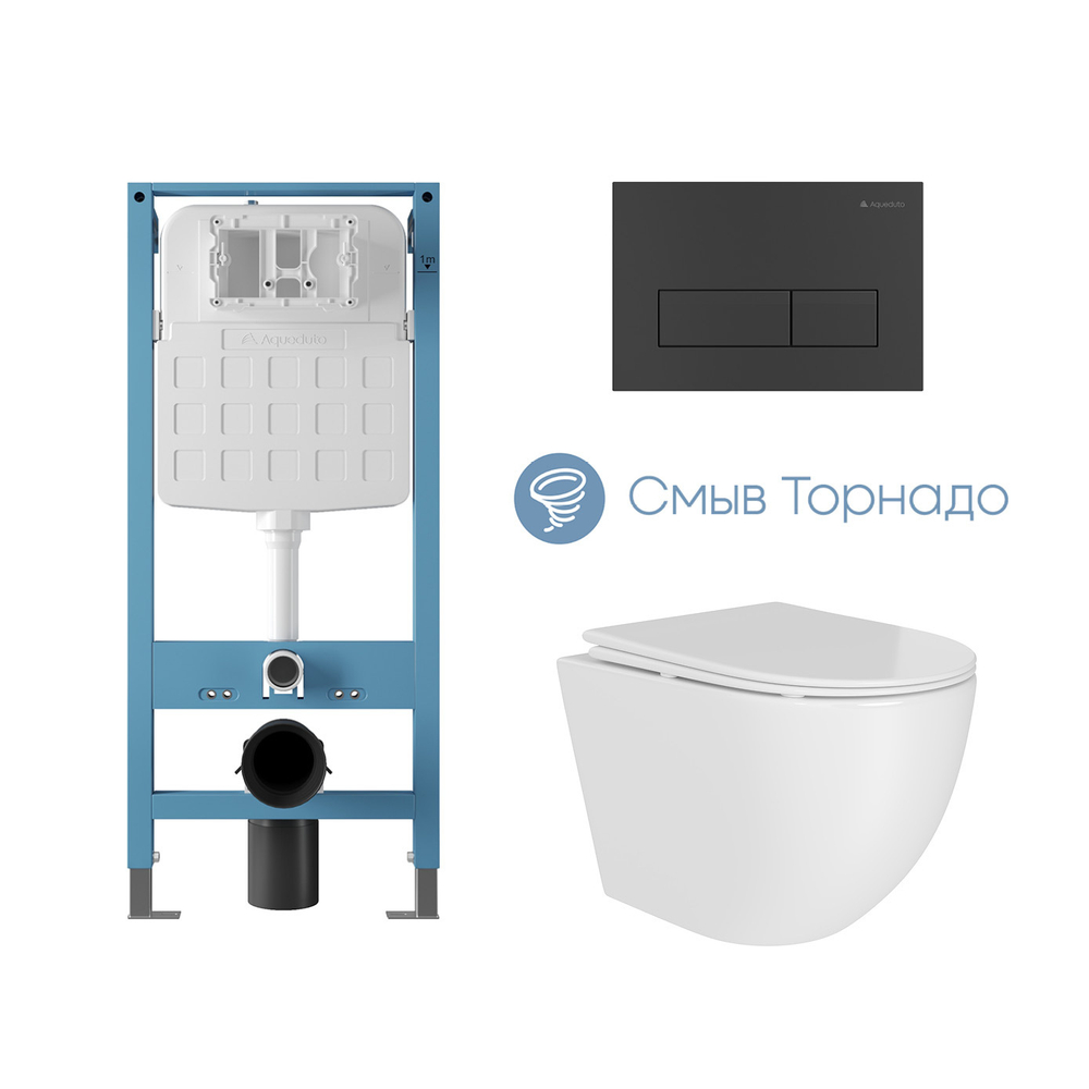 Комплет Aqueduto Tecnica Novo Инсталляция + панель смыва RETANGULO Novo черная + унитаз OVO Daily T