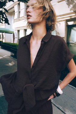 ZARA БРЮКИ С ШИРОКИМИ ШТАНИНАМИ И ЭЛАСТИЧНОЙ ТАЛИЕЙ, КОРИЧНЕВЫЙ