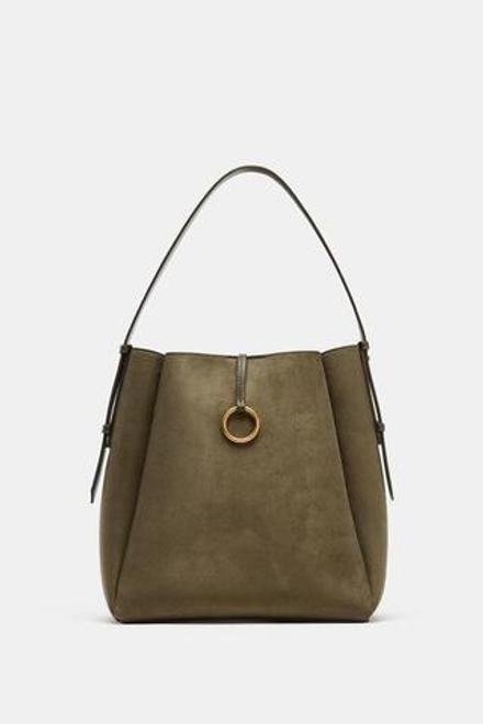 ZARA БОЛЬШАЯ СУМКА-МЕШОК С МЕТАЛЛИЧЕСКИМ КОЛЬЦОМ, ЗЕЛЕНЫЙ