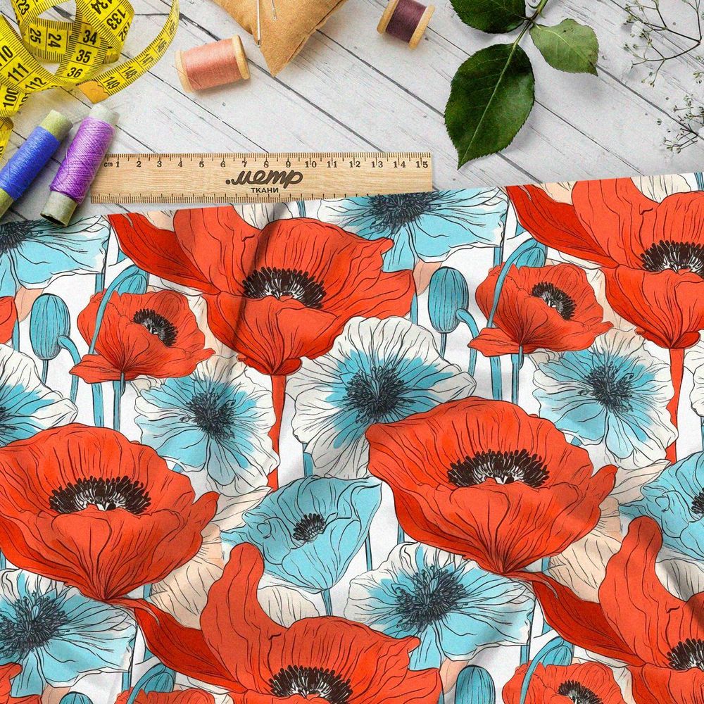 Ткань премиум габардин графические маки