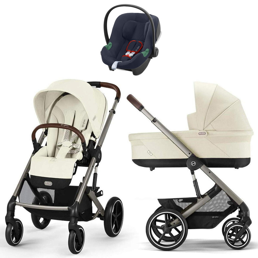 Коляска Cybex Balios S Lux TPE complete Aton B2 Bay Blue Base One 4 в 1 Seashell Beige с дождевиками