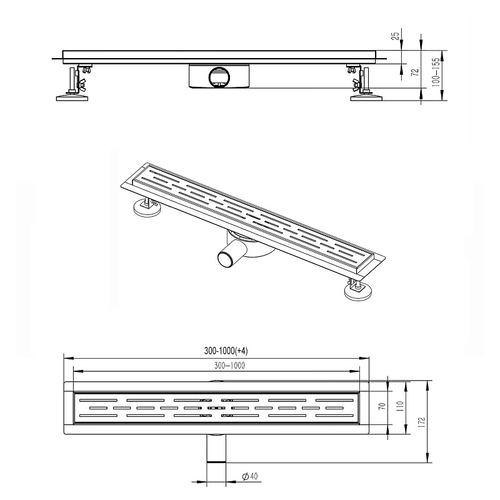 Душевой лоток AZARIO 400 мм, D40(50), 360°, металлическая перфорированная решетка, металлический желоб, комбинированный затвор (AZT3FT01400)