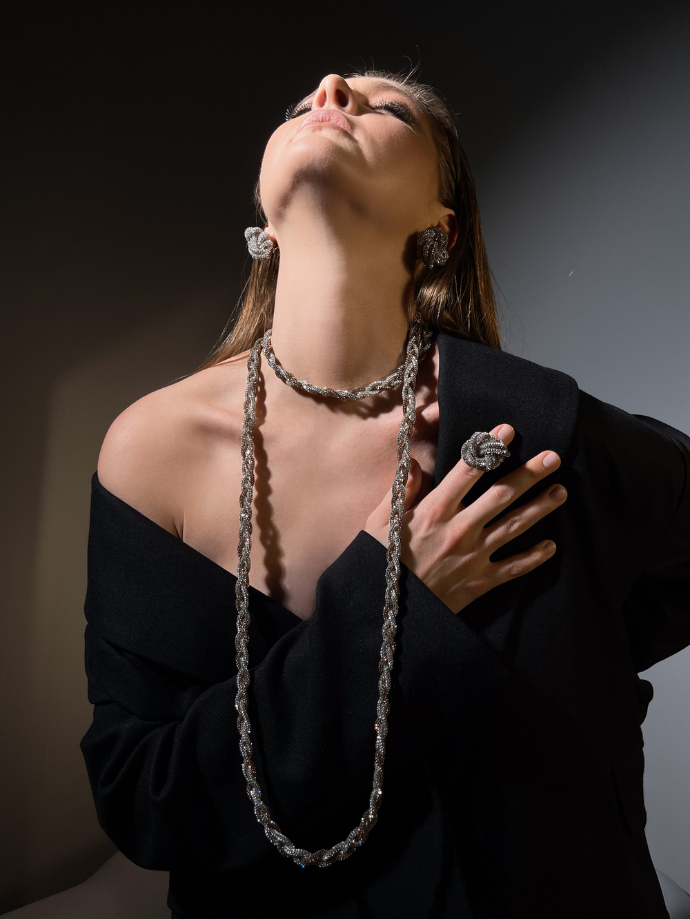 Колье длинное "переплетение" комбинированное