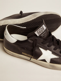 Men's Super Star in black leather with white leather star and heel tab
