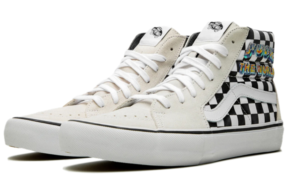 Supreme x Vans SK8 white and black checkerboard high-top sneakers for men and women in the same black and white