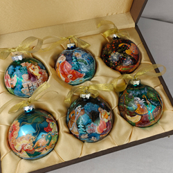 Сувенирный набор из 6-ти коллекционных ёлочных шаров " Сказки" с ручной росписью Палех
