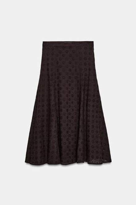 ZARA ЮБКА МИДИ С АЖУРНОЙ ВЫШИВКОЙ, КОРИЧНЕВЫЙ