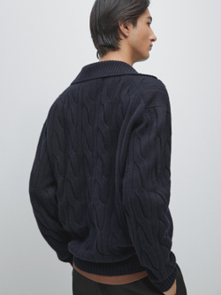 Massimo Dutti Вязаный шерстяной свитер с воротником-поло, темно-синий