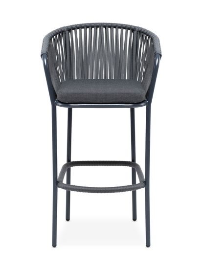 "Бордо" стул барный плетеный из роупа, каркас из стали темно-серый (RAL7024) муар, роуп серый 15мм, ткань темно-серая 027