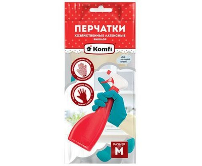 Перчатки хозяйственные латексные БИКОЛОР, M, бежевый+бирюзовый, 2 шт, Komfi