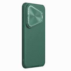 Чехол зеленого цвета (Deep Green) от Nillkin с металлической откидной крышкой для смартфона Huawei Pura 70, серия CamShield Prop Magnetic (с поддержкой магнитной беспроводной зарядки MagSafe)