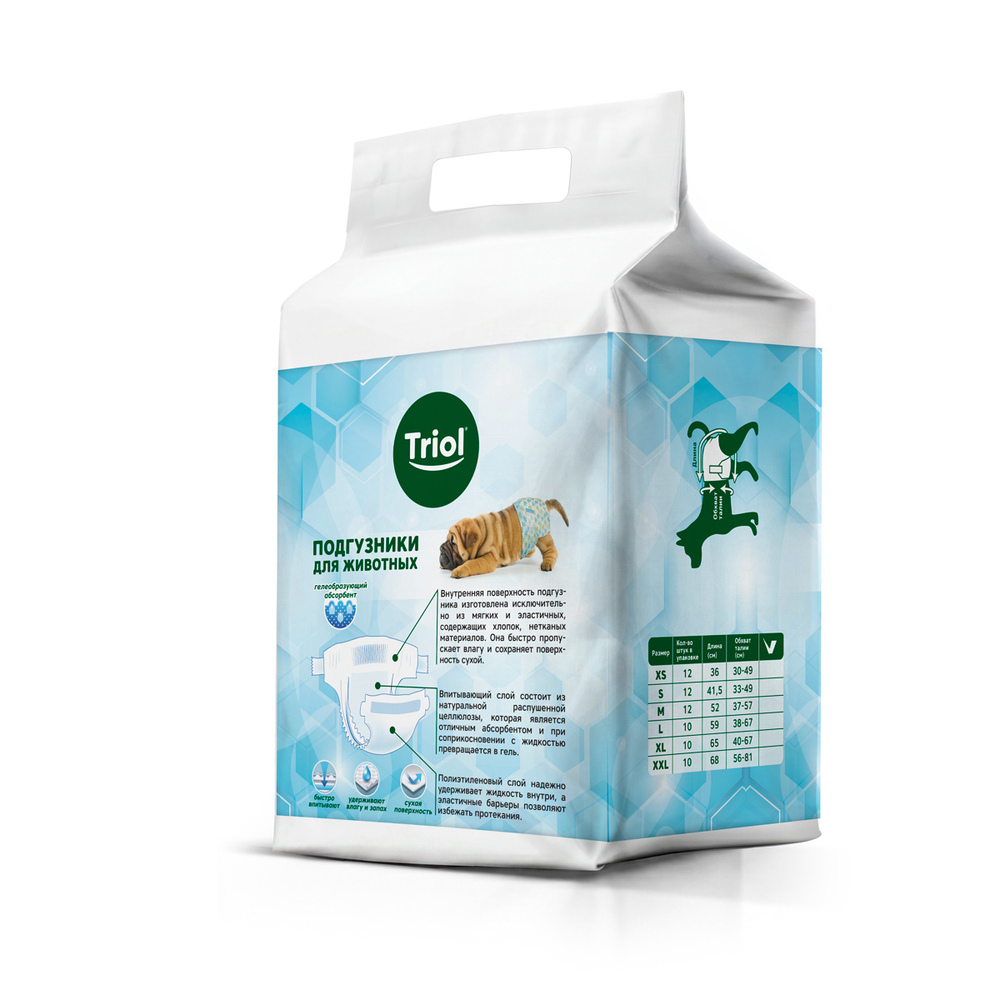 Подгузники для собак XXL, вес собаки от 30кг (уп.10шт.), серия HYGIENE, Triol