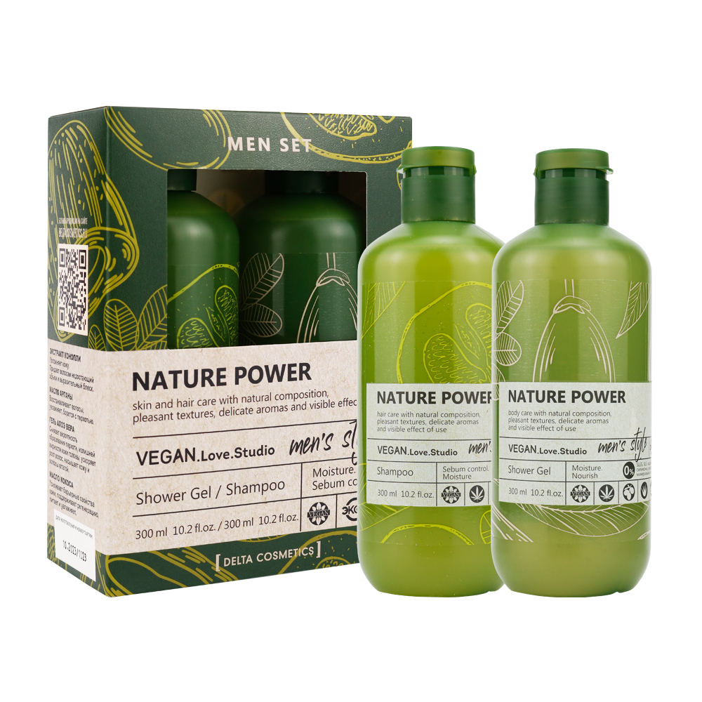 Косметический набор для муж. VEGAN.Love.Studio «NATURE POWER» (гель для душа 300 мл + шампунь 300 мл)