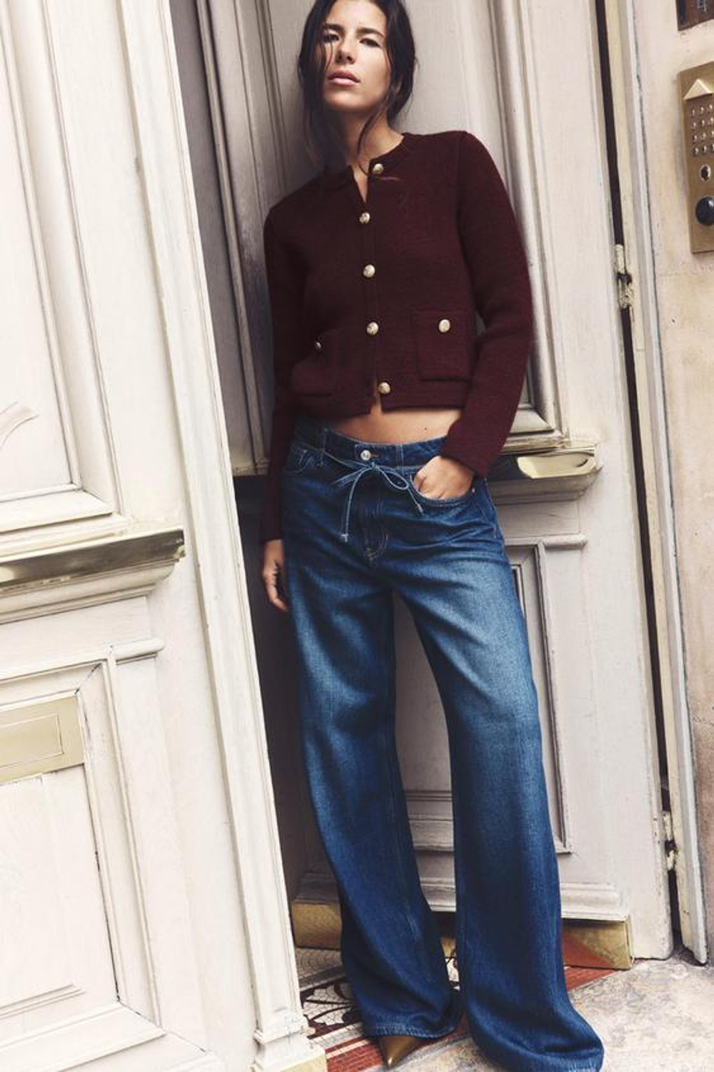 ZARA КАРДИГАН С ЗОЛОТИСТЫМИ ПУГОВИЦАМИ, ГРАНАТОВЫЙ