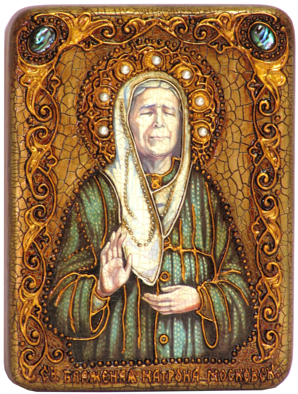 Инкрустированная рукописная икона Блаженная старица Матрона Московская 20х15см на натуральном дереве в подарочной коробке
