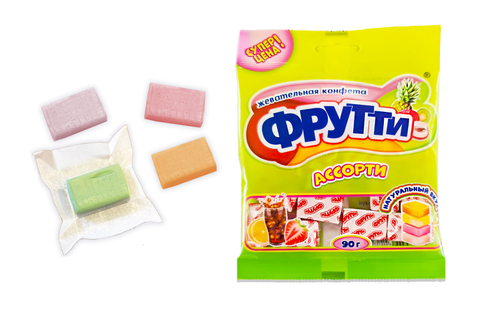 Жевательная конфета с ароматом тропических фруктов,апельсина,клубники, колы"Фрутти"в пакете 150*90г.