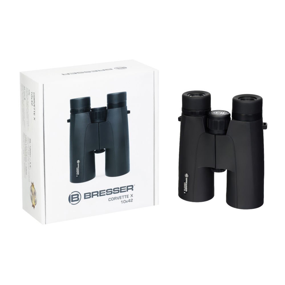 Бинокль Bresser Corvette X 10x42 WP— упаковка и бинокль
