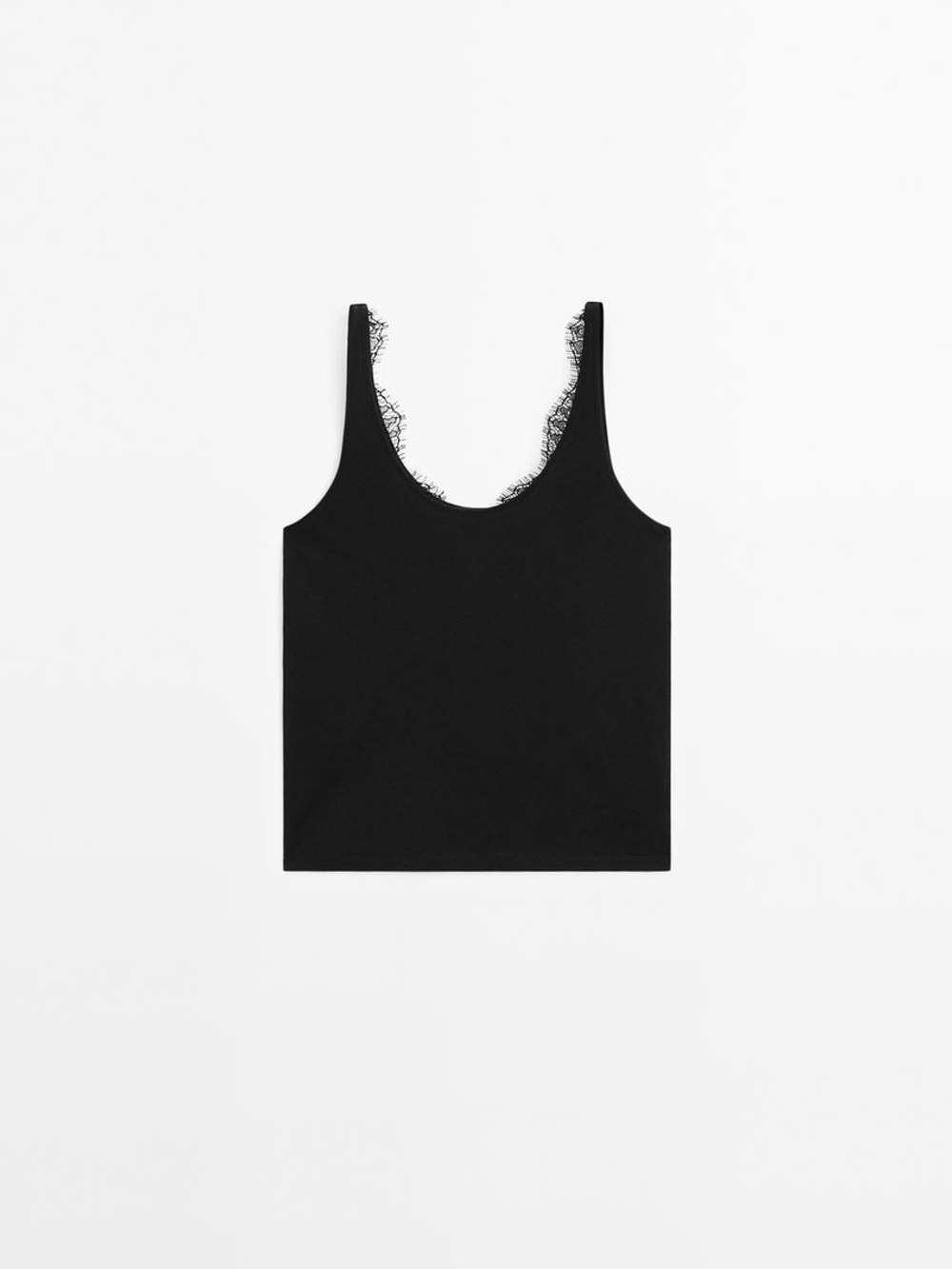 Massimo Dutti Топ из хлопка с кружевом, черный