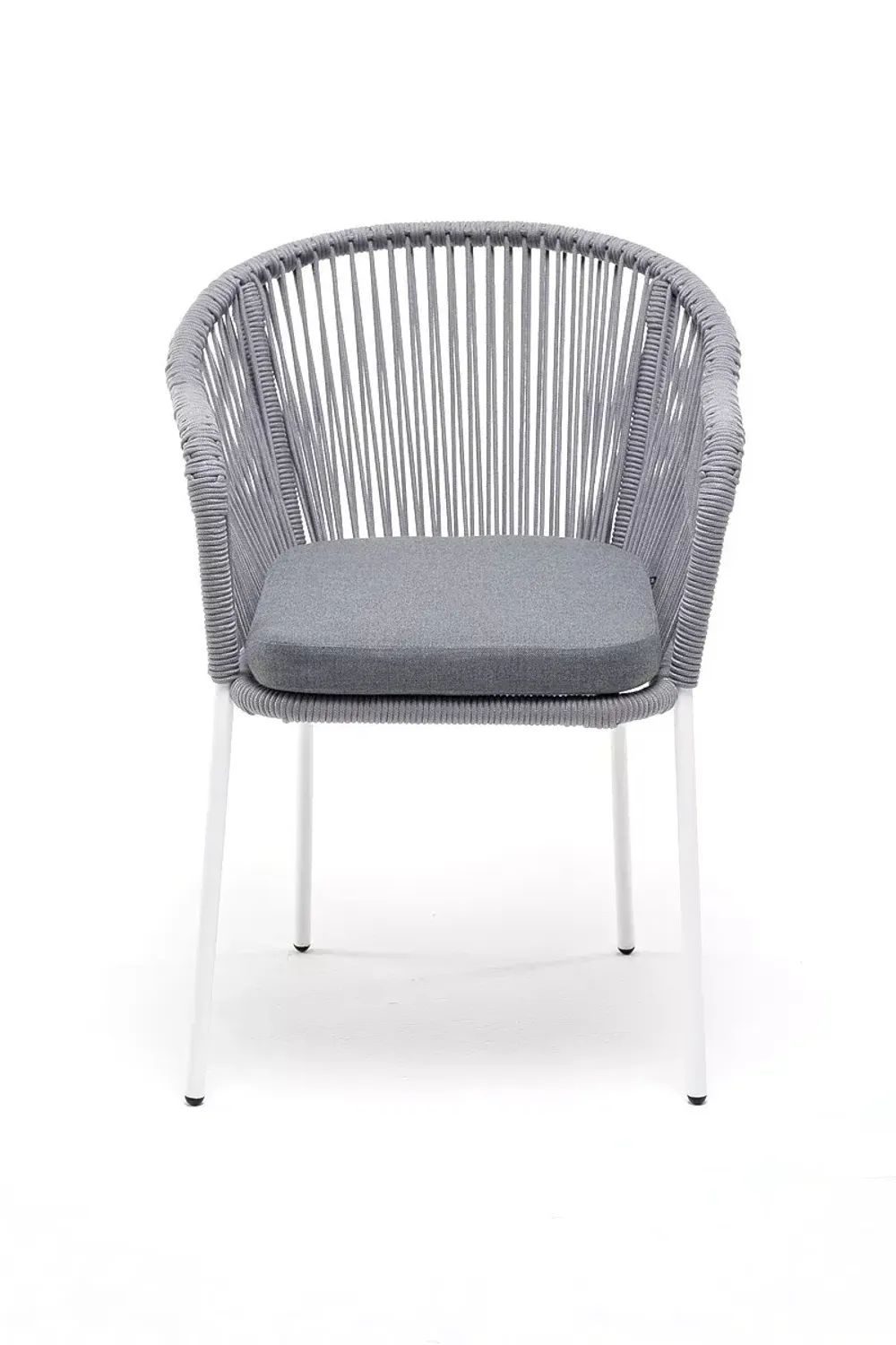 "Лион" стул плетеный из роупа, каркас из стали белый муар, роуп светло-серый круглый, ткань светло-серая