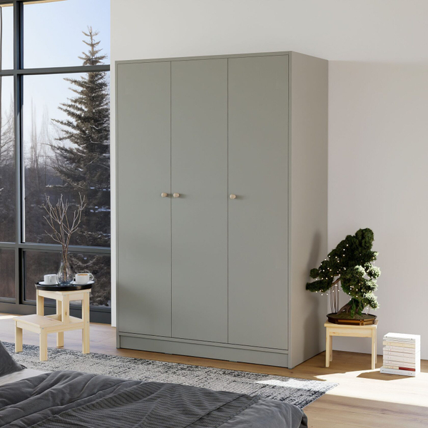 Шкаф для одежды трехдверный Марм, 117х55х175 см, серый распашной шкаф со штангой и полкой для вещей, в скандинавском стиле