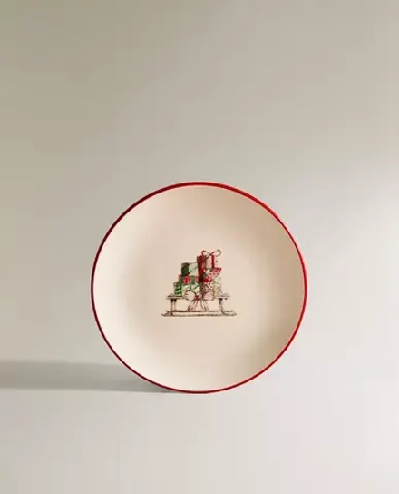 ZARA HOME ФАРФОРОВАЯ ТАРЕЛКА НА РОЖДЕСТВЕНСКУЮ ТЕМАТИКУ, БЕЛЫЙ/КРАСНЫЙ