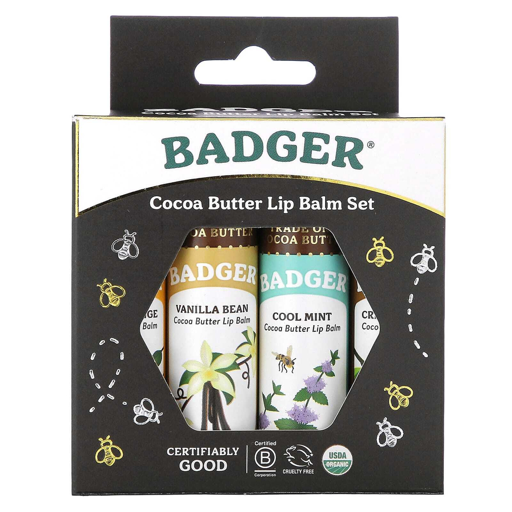 Badger, Organic, набор бальзамов для губ с маслом какао, 4 упаковки по 7 г (0,25 унции)
