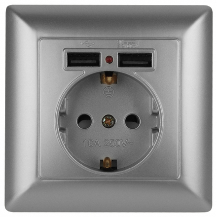 4-410-03 Intro Розетка P+E Schuko со шторками, 16А-250В + 2хUSB, СУ, Solo, алюминий