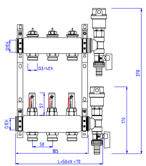 Коллекторный блок Valtec 1"x3/4" 6 выходов с расходомерами (нерж. сталь) VTc.589.EMNX.0606