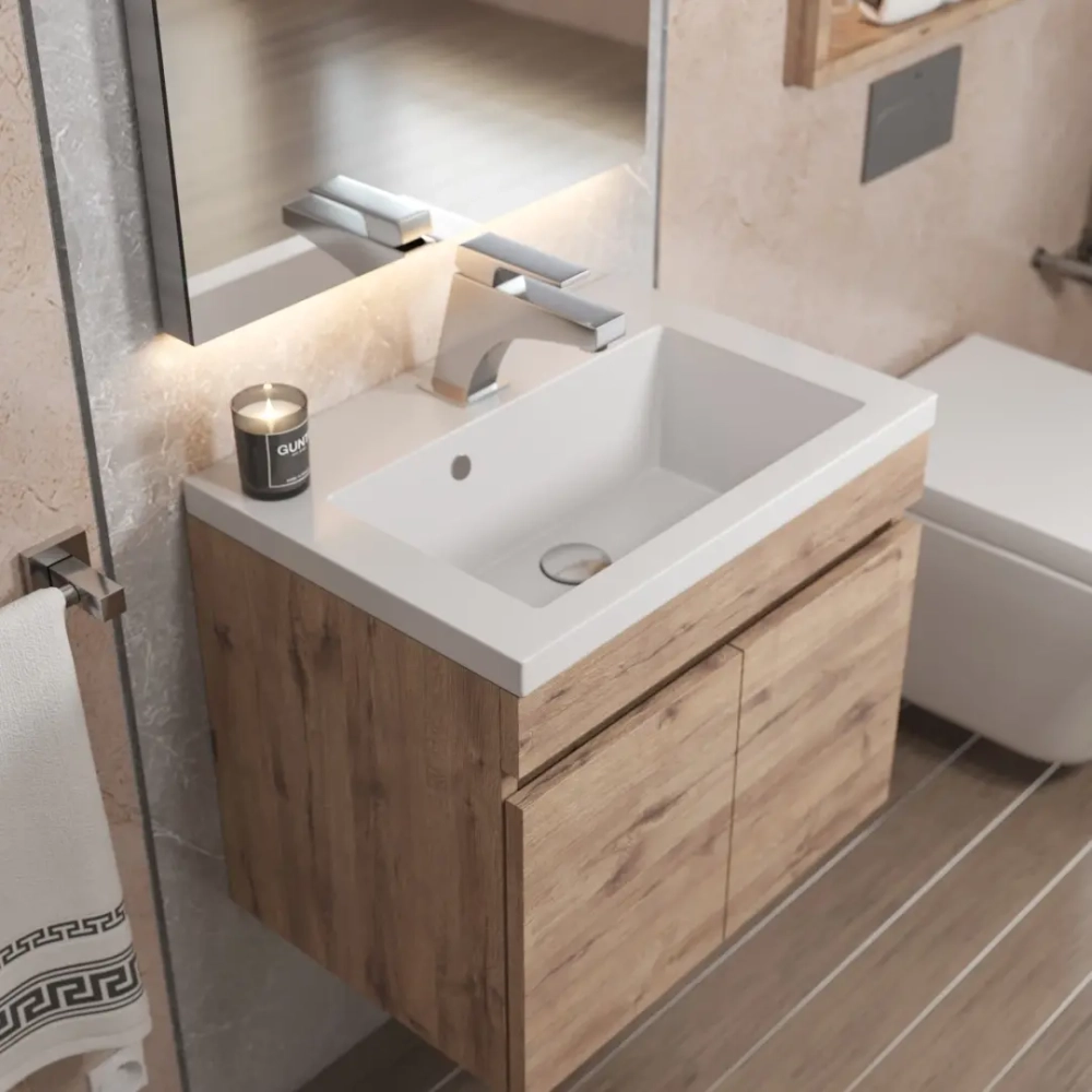 Тумба с раковиной для ванной Uperwood Eva, 50 см, подвесная, Крафт Табачный, с дверцами
