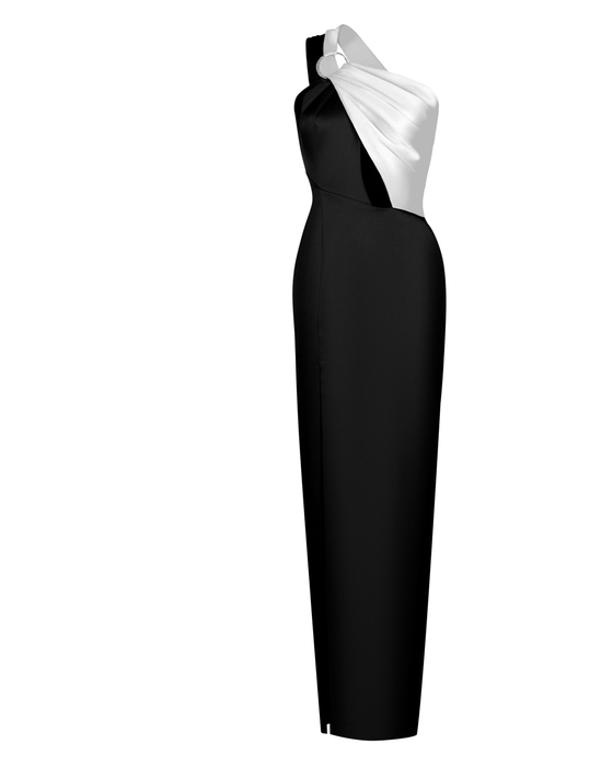 Платье макси из сатина асимметричное драпированное с кольцом и вырезом