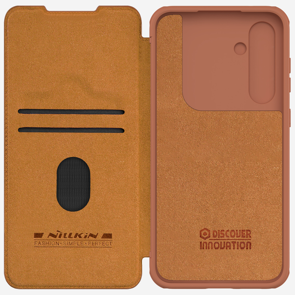 Кожаный чехол книжка коричневого цвета от Nillkin для Samsung Galaxy A55 5G, серия Qin Pro Leather с защитной шторкой для камеры