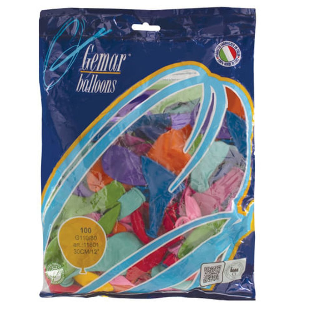 Шары воздушные 12" (30 см), комплект 100 шт., 12 пастельных цветов, в пакете, 1101-0006