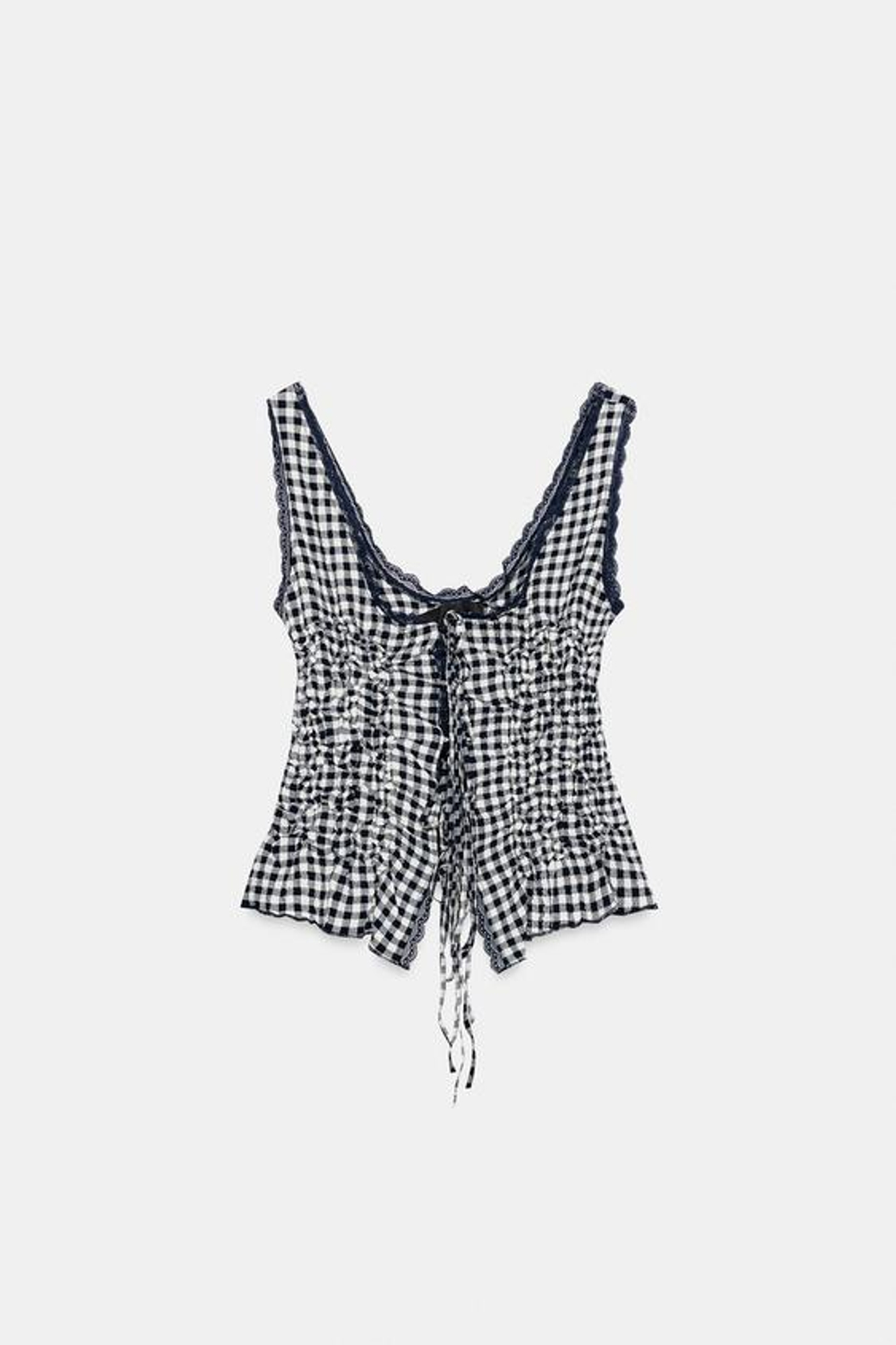 ZARA ДРАПИРОВАННЫЙ ТОП В КЛЕТКУ ВИШИ, ЭКРЮ/СИНИЙ
