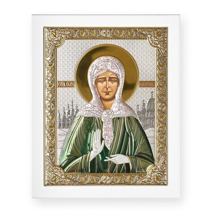 Матрона, икона прямоугольная с рамкой, белое дерево, эмаль 185х235