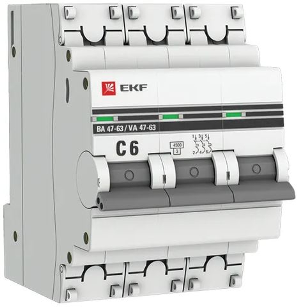Выключатель автоматический модульный 3п C 6А 4.5кА ВА 47-63 PROxima EKF mcb4763-3-06C-pro