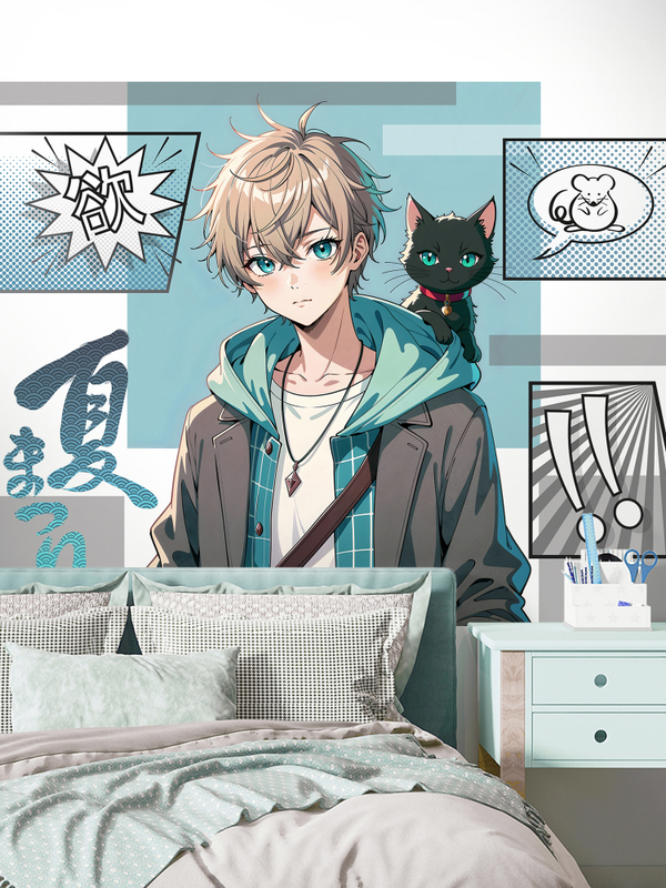 3D Фотообои парень граффити и котик