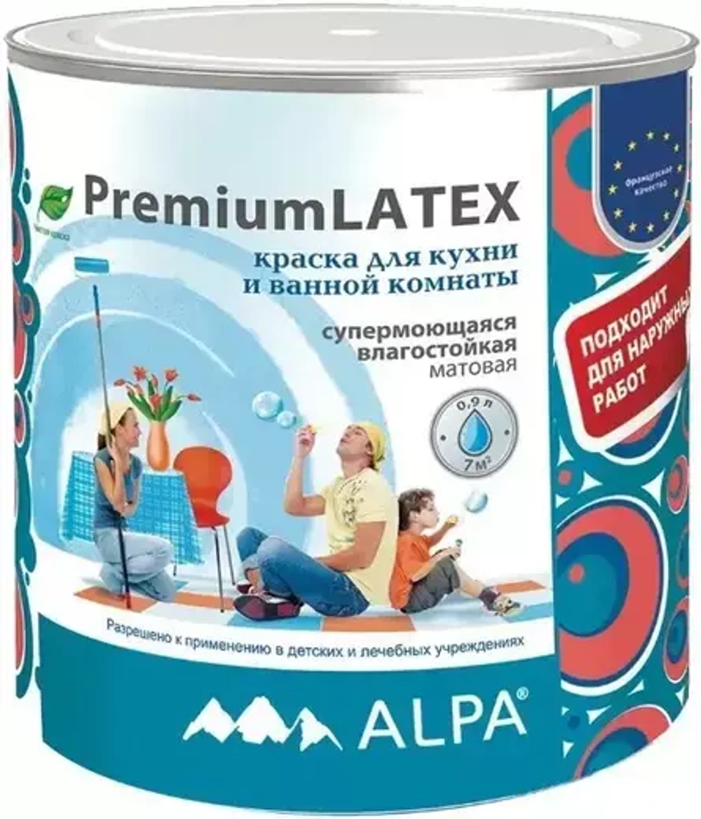 Краска Alpa Premium Latex для кухонь и ванных комнат супермоющаяся влагостойкая 0,9л