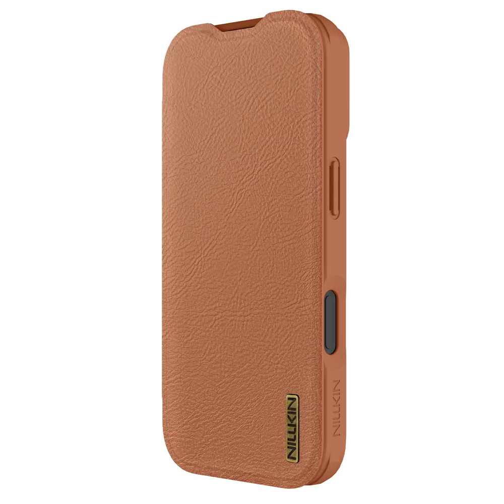 Кожаный чехол книжка коричневого цвета для iPhone 17, серия Qin Pro Leather с обновленной сдвижной шторкой от Nillkin
