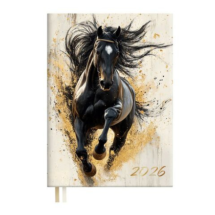 Ежедневник дат. 2026г А6 176л., кожзам, мягк.пер. "Вороной конь" тисн.фольгой, ляссе