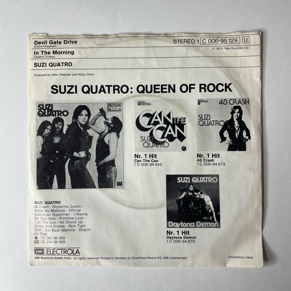 Винтажная виниловая пластинка 7 дюймов (маленькая пластинка) Suzi Quatro Devil Gate Drive (Германия 1974)