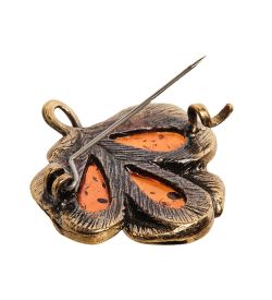 AM-2571 Брошь «Винтажный листик» (латунь, янтарь)