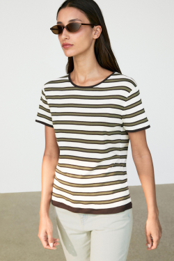 Massimo Dutti Хлопковая футболка в полоску с короткими рукавами, хаки