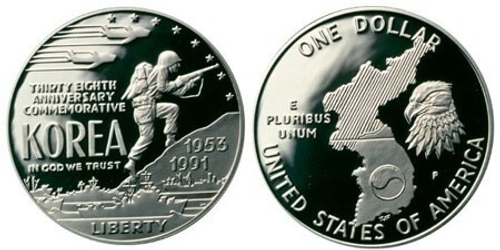 1 доллар Война в Корее Корейская война 38 лет 1991 г. США Proof