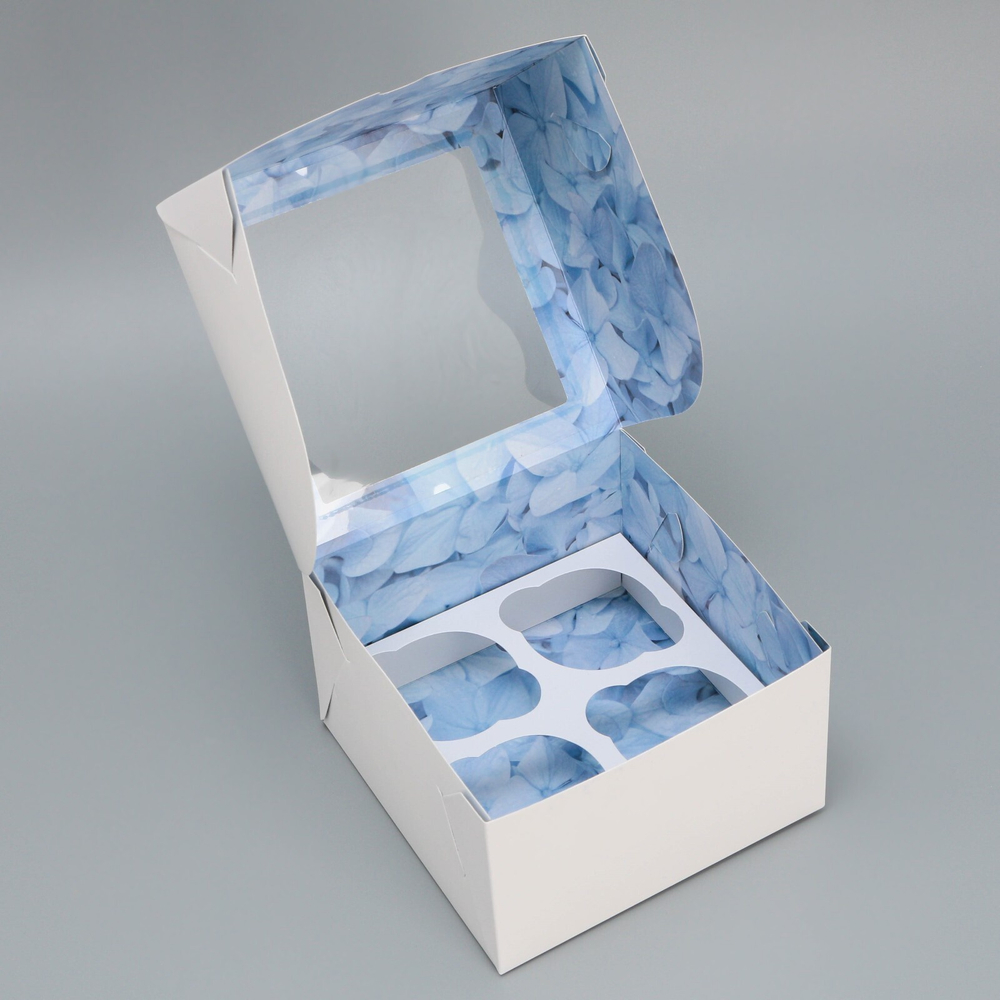 Коробка на 4 капкейка с двусторонним нанесением Цветы, 16*16*10 см
