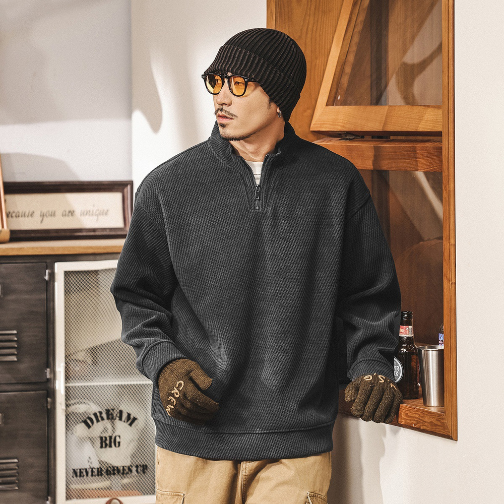 Американский ретро свитшот с полугольфом на молнии, весенне-осенний, новый, с воротником-стойкой, свободный, модный, повседневный мужской куртка