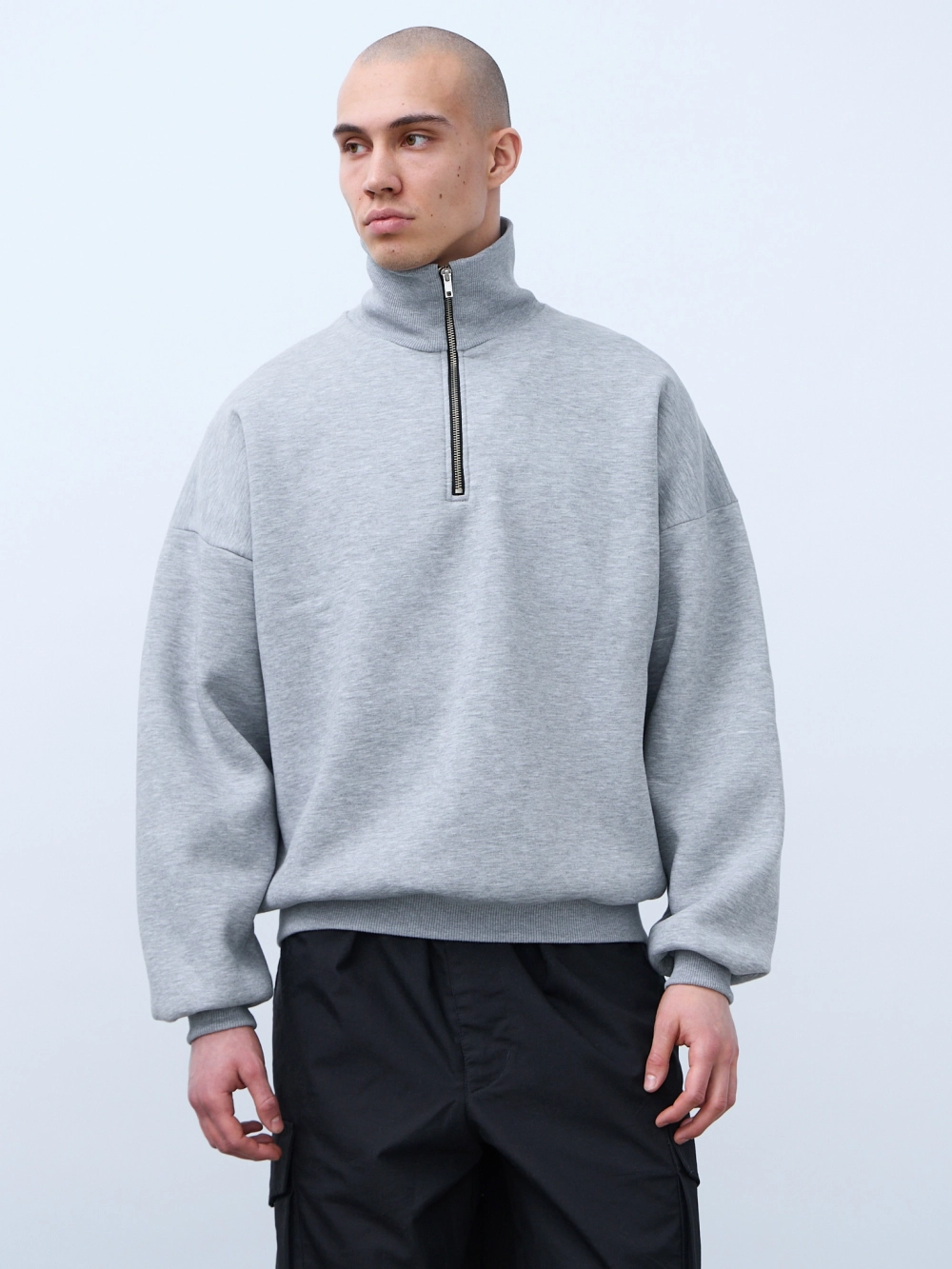 Свитшот с воротником на молнии с начесом (серый меланж)