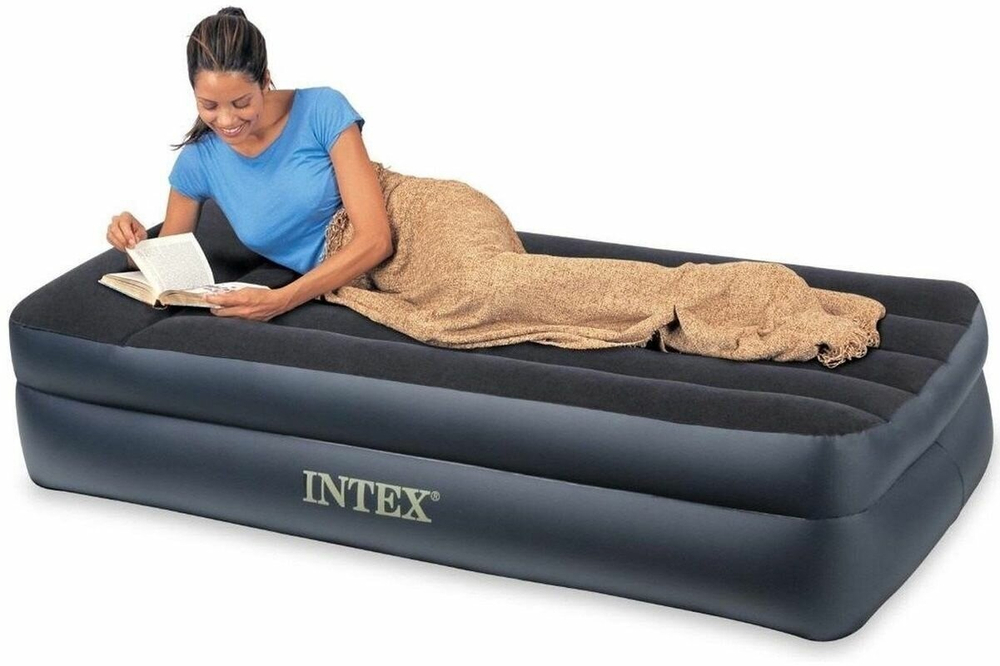 INTEX Кровать надувная флок Твин, 99х191х42см, с высоким подголовником, встр.электронасос, 64122NP