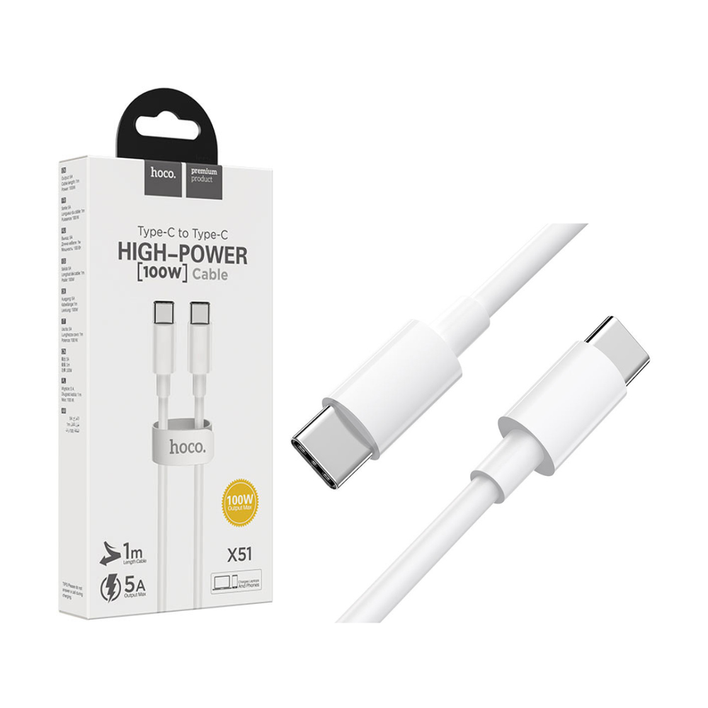 Кабель для зарядки Hoco X51 USB-C - Type-C, 5A, 1м, быстрая зарядка, белый