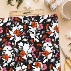 Ткань бифлекс контрастные оранжевые цветы